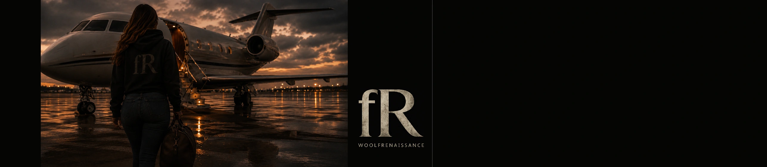 Woman wearing a WoolfRenaissance hoodie and carrying a leather travel bag as she approaches a private jet at sunset.